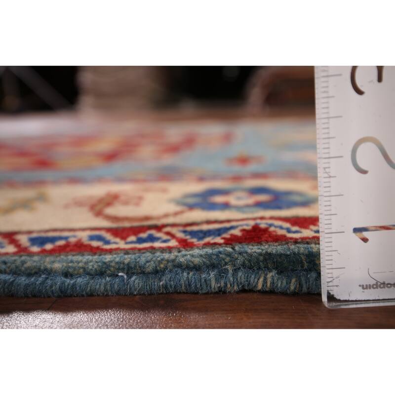 Light Blue Geometric Kazak Oriental Accent Rug Handmade Wool Carpet - 3'6" x 4'11"