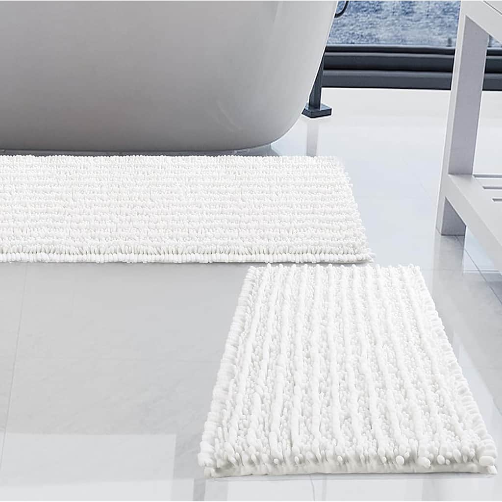 2 Piece Set White Soft Cozy Plush Chenille Bath Mat Bathroom Rug