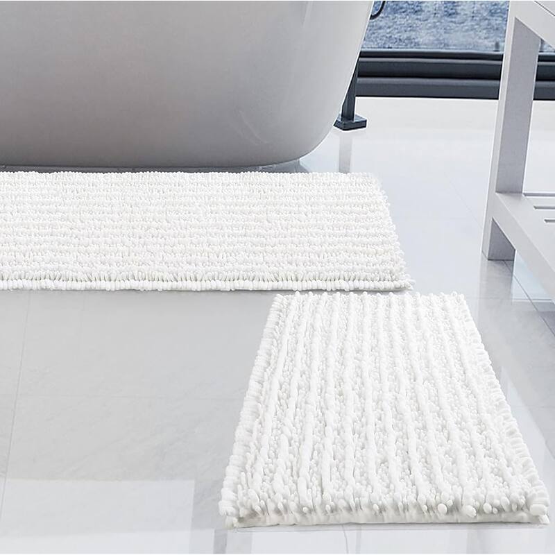 2 Piece Set White Soft Cozy Plush Chenille Bath Mat Bathroom Rug - 24" x 16"/32" x 20" - White