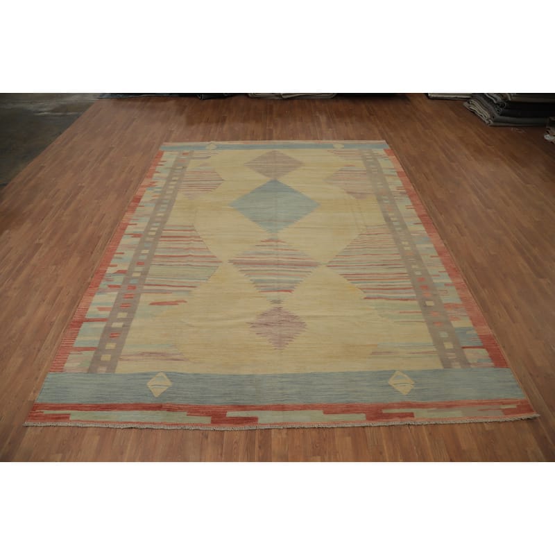 Hand Woven Oriental 100% Wool Carpet Southwestern Tribal Yellow & Gold Kilim Area Rug - 12' 2'' X 9' 5''