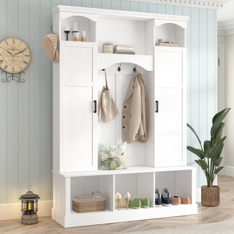 Modern Hall Tree with Adjustable Shelves Dual Cabinets Bench Entryway Organizer - White