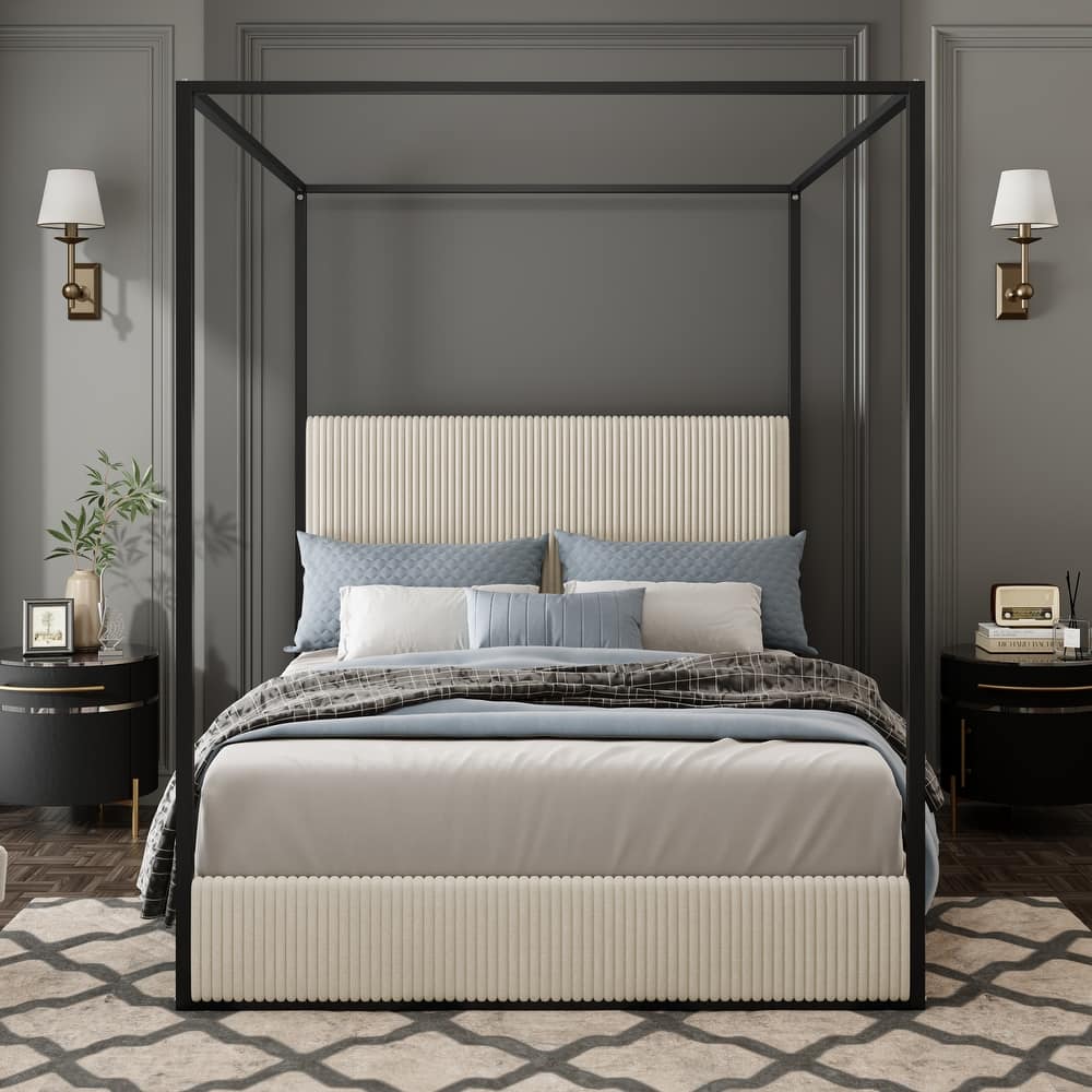 Modern Luxury Metal Canopy Bed with Tall Upholstered Headboard & Four Poster