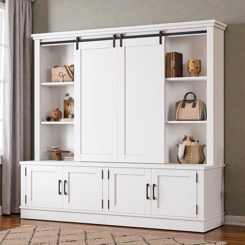 70.8 in Entryway Hall Cabinet with Sliding Barn Door, Multi-Tier Storage Shelves, 12 Compartments, Modern Mudroom Organizer