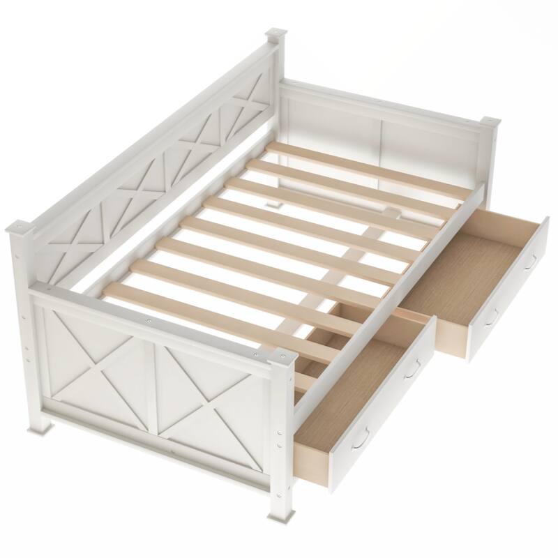 Twin Size Daybed with 2 Large Drawers, X-shaped Frame, Modern and Rustic Casual Style Daybed