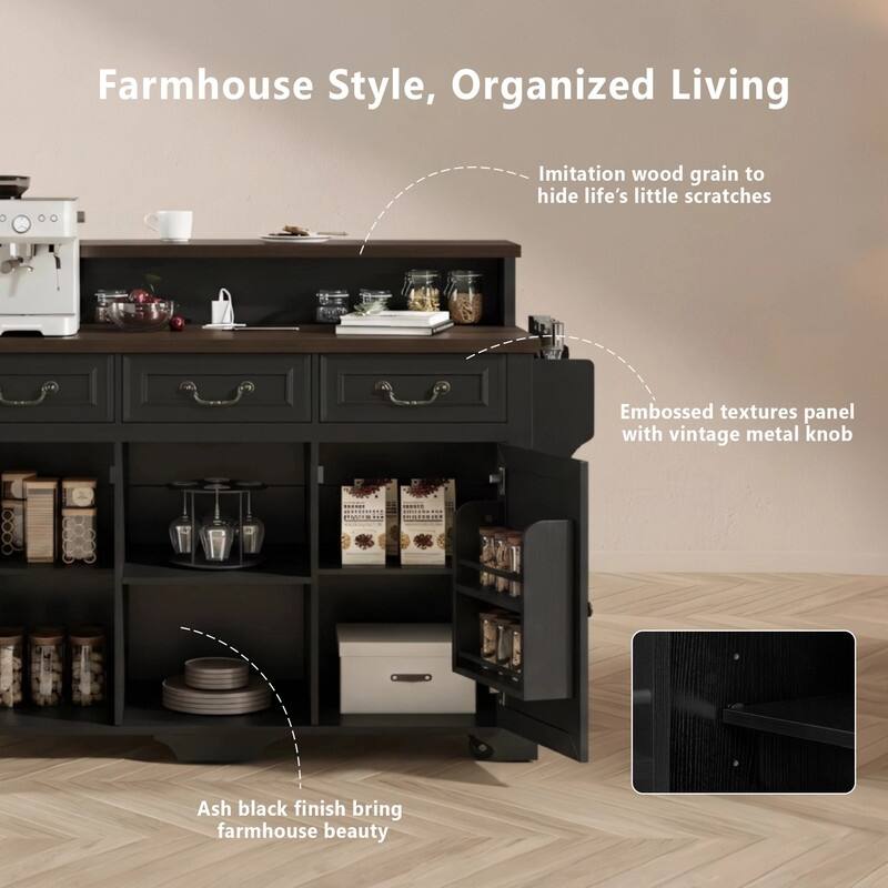 Farmhouse 53.2" Kitchen Island with Power Outlet, Rolling Island Table, Bar Cabinet with Storage 4 Door Shelves and 3 Drawers