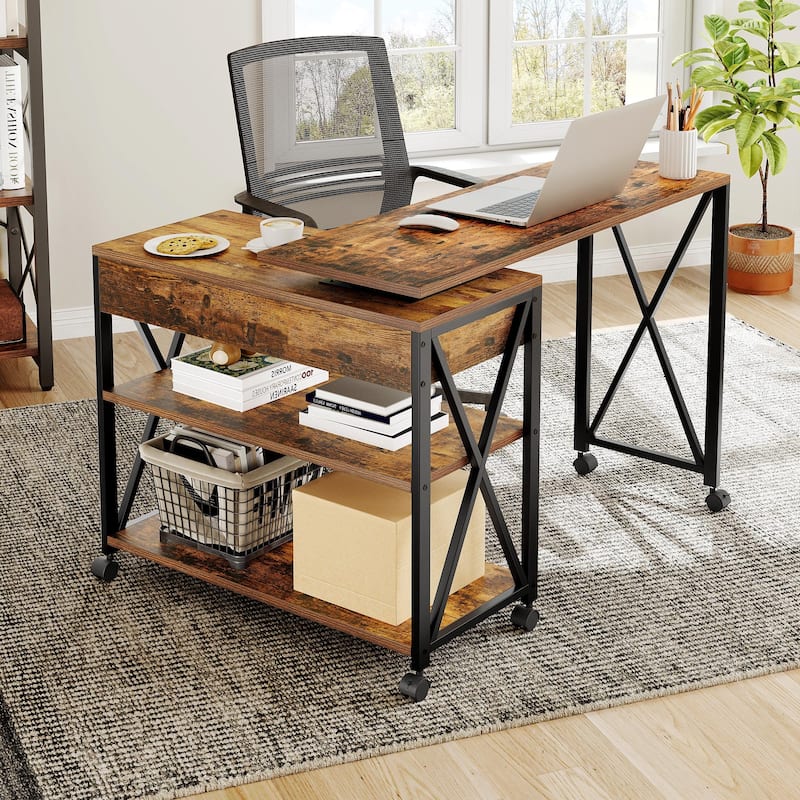 Moasis Rotating Wheeled Sofa Side Table with Drawer 2-Tier Storage Shelves