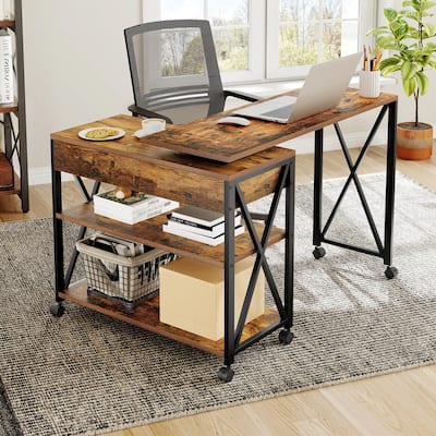 Moasis Rotating Wheeled Sofa Side Table with Drawer 2-Tier Storage Shelves