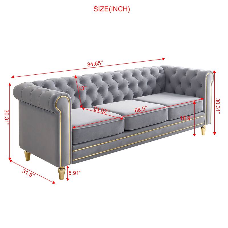 Chesterfield Velvet Sofa 84.65 Inch For Living Room Light Grey Color