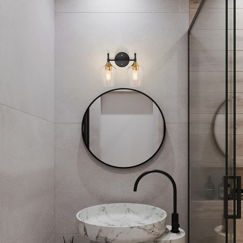 Black and Antique Brass 2-Light Vanity Light with Clear Wine Glass Shades