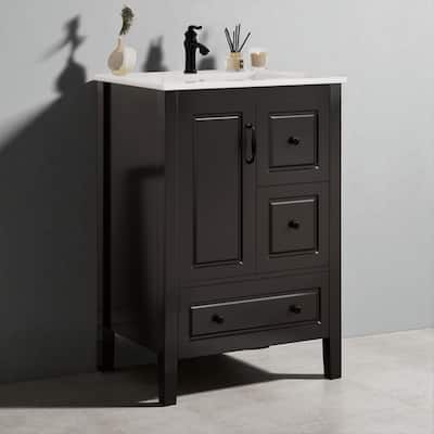 24" Retro Bathroom Vanity with Ceramic Sink, Soft-Closing Doors & Drawers, Aluminum Alloy Handles