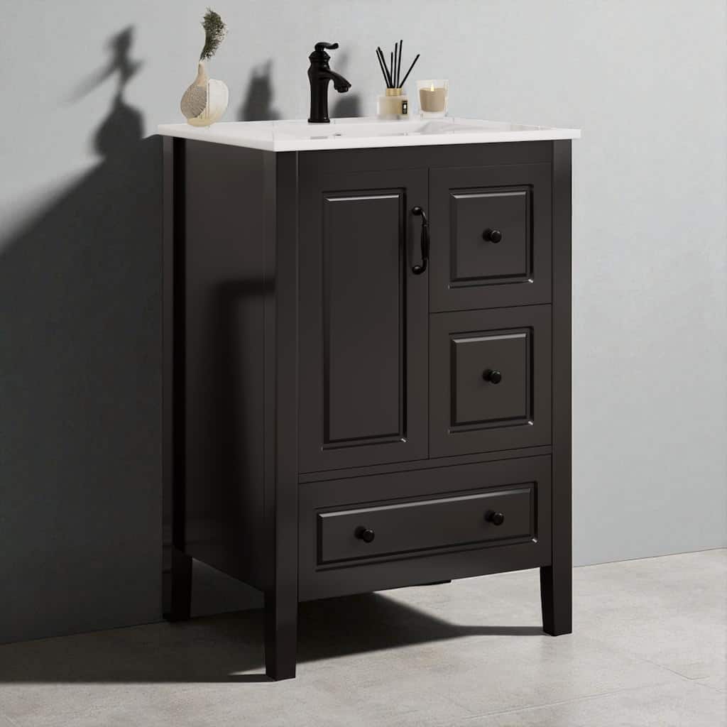 24" Retro Bathroom Vanity with Ceramic Sink, Soft-Closing Doors & Drawers, Aluminum Alloy Handles