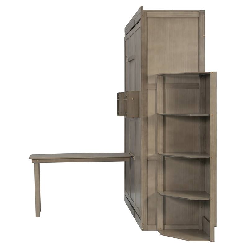 Rotating Queen Size Murphy Bed Foldable Bed Frame with Hidden Wall Cabinet, Side Shelves, Convertible Desk and Bookshelves