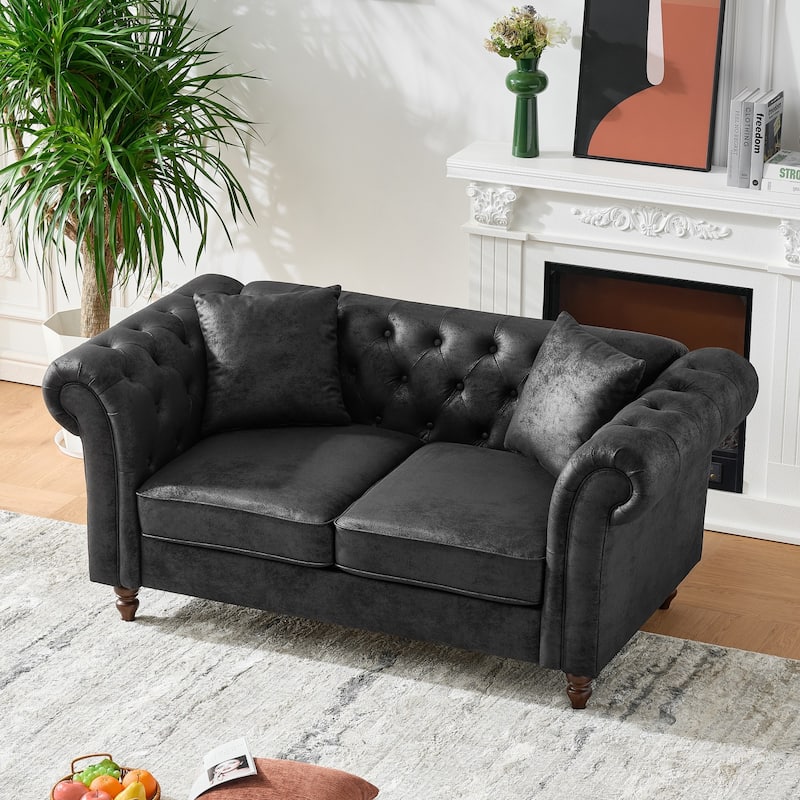 Mid Century Modern Upholstered Loveseat, Small Sofa with High-Tech Fabric Roll Armrest, 2 Seater Couch with Solid Wood Legs