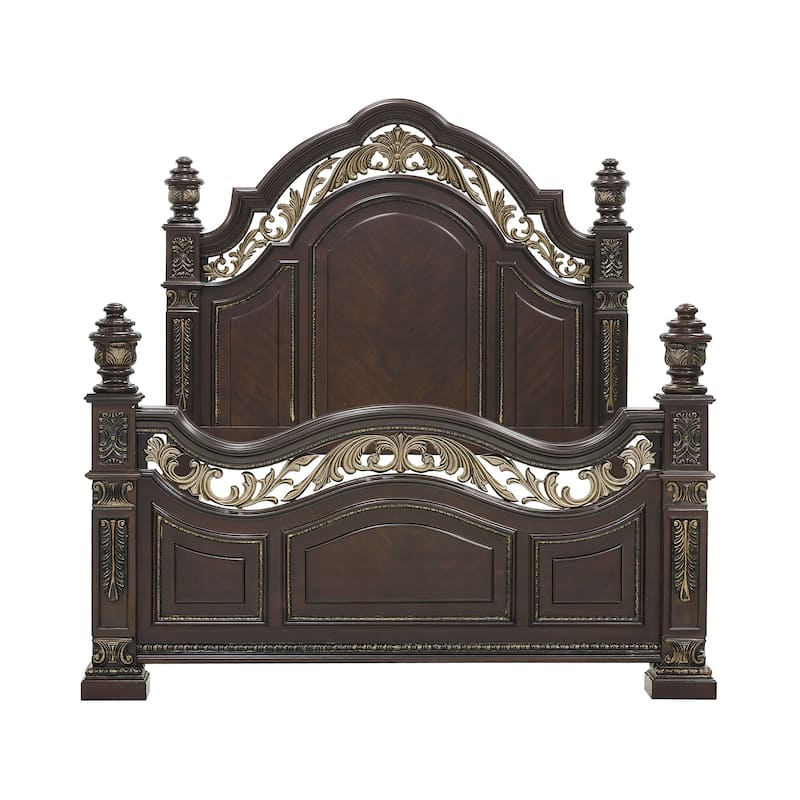 Lumi Queen Bed, Classical Metal Scrollwork, Dark Cherry Brown and Gold
