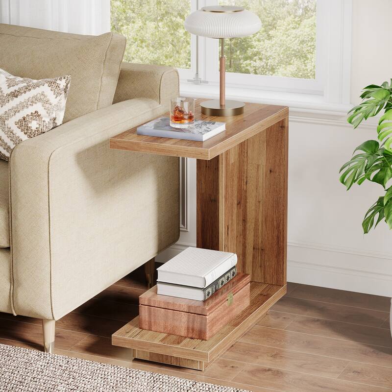 C-Shaped Side Table, 2-Tier Narrow End Table Wood Bedside Table
