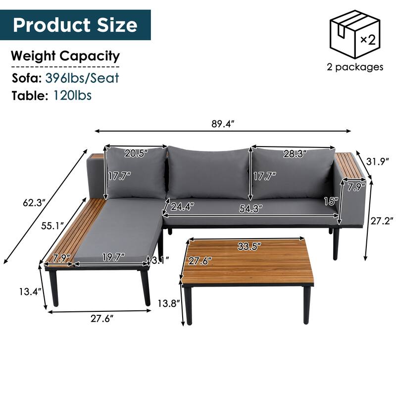 89.4'' Patio Furniture Set with Removable Cushions and Coffee Table,Outdoor Conversation Sectional Sofa for Backyard, Porch