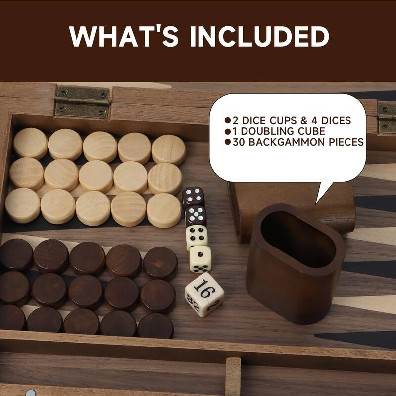 GSE™ 11" Premium Wooden Inlay Backgammon Board Game Set, Portable Folding Backgammon Board Game with Game Pieces - 11-Inch