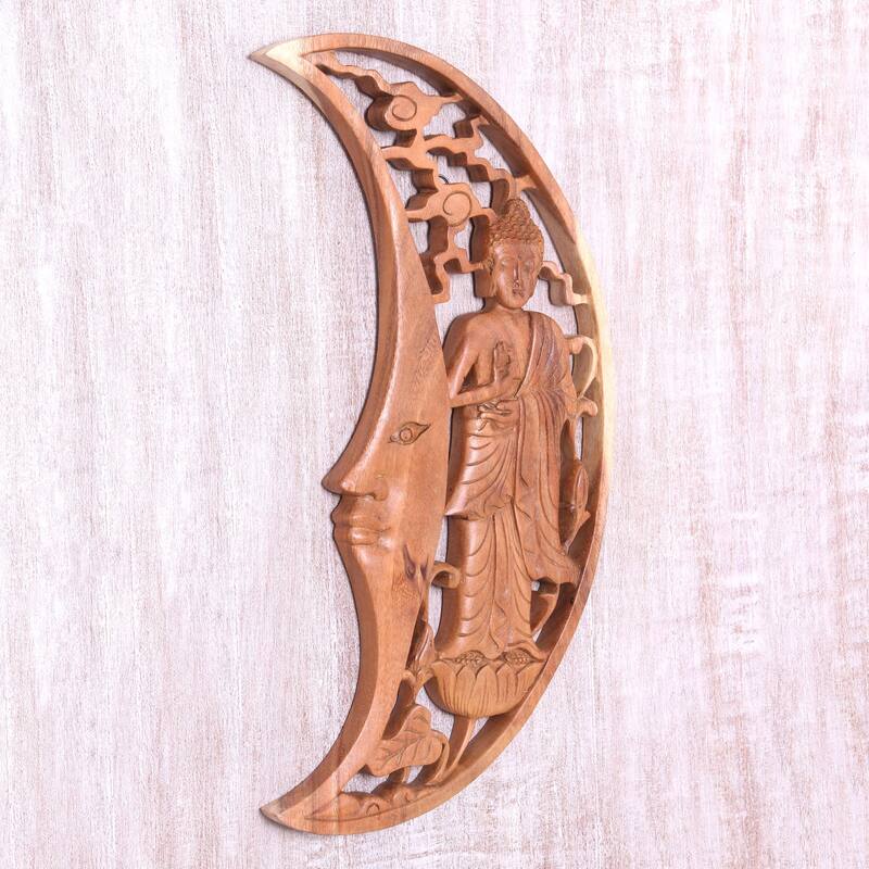 Novica Handmade Buddha Moon Wood Relief Panel