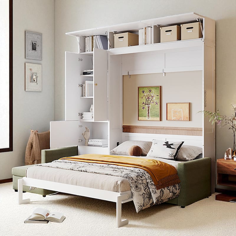 Queen Size Murphy Wall Bed with Sofa and Storage Cabinets, Folding Bed with Shelves for Small Spaces - Beige - Queen