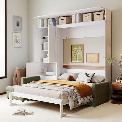 Queen Size Murphy Wall Bed with Sofa and Storage Cabinets, Folding Bed with Shelves for Small Spaces