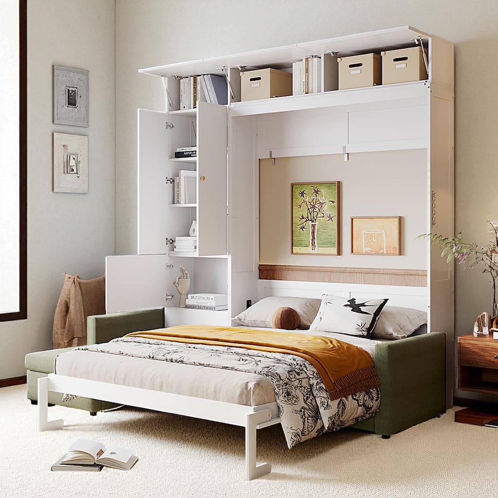 Queen Size Murphy Wall Bed with Sofa and Storage Cabinets, Folding Bed with Shelves for Small Spaces