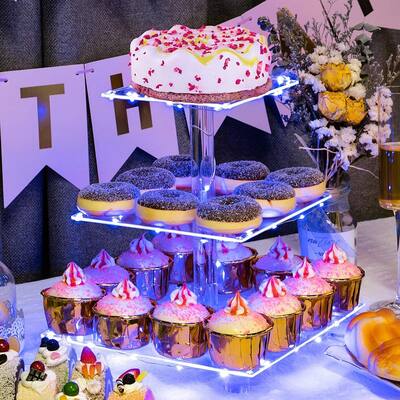 OnDisplay 3 Tier LED Light Clear Acrylic Appetizer/Cupcake Tower Display Stand - Multicolor