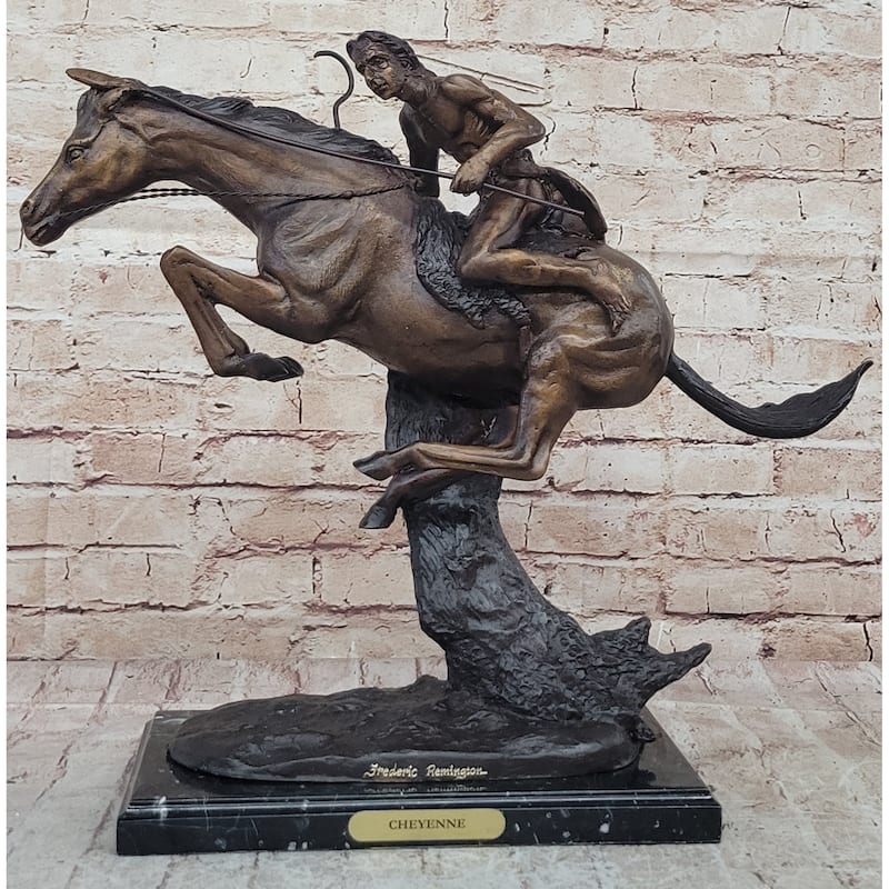Cheyenne By Frederic Remington Native American Horseback Western Bronze Statue Sculpture 17 Inches X 19 Inches