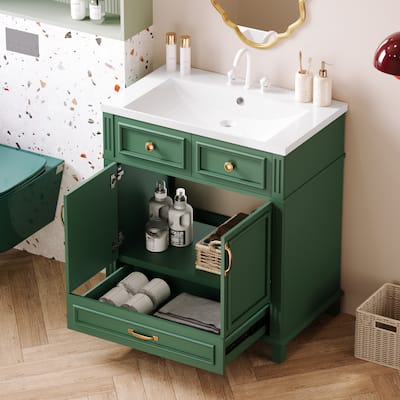 Roomfitters 30" Vanity with Resin Sink, Solid Wood Cabinet with Soft Closing Doors, Retro Freestanding Storage Style