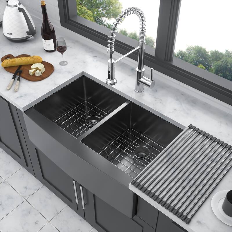 Farmhouse 16 Gauge Double Bowl Stainless Steel Kitchen Sink in Gunmetal Black