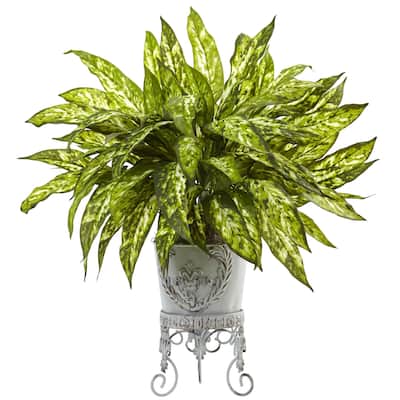 Artistic Plant Decor 24" Tall - Metal Planter with Green Leaves - Home Accent & Indoor DÃ©cor - 2ft.