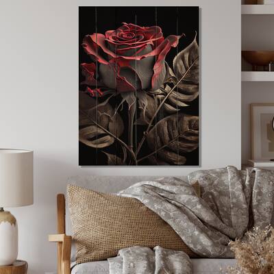 Designart 'Blossoming Rose In Red And Gray III' Floral Wood Wall Art - Natural Pine Wood