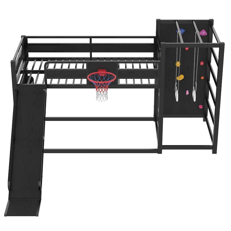 Roomfitters Metal Loft Bed with Slide and Climbing Wall, Gym Bed with Basketball Hoop, Black
