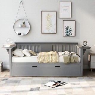 Elegant Design Daybed with Trundle Bed, Wooden Sofa Bed for Bedroom Living Room, Wood Platform Bed Frame for Kids Teens Guests