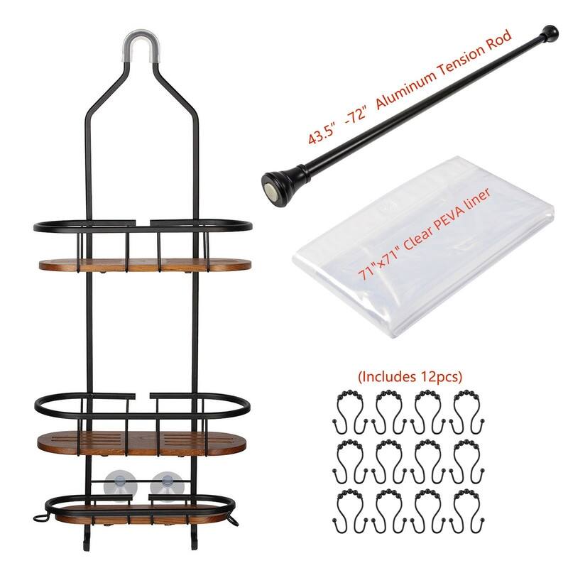 Utopia Alley Rustproof Teak Shower Caddy Organizer with 3 Shelves, Includes Shower Rod, Shower liner and shower hooks, Black