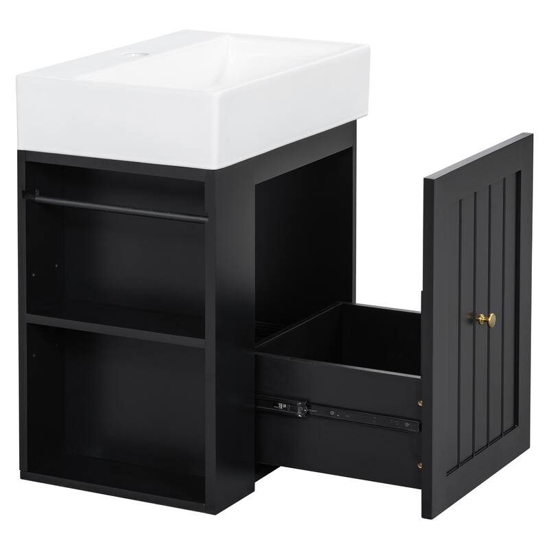 20" Bathroom Vanity with Ceramic Sink - Soft Close Door, Drawer & Side Shelf, Space-Saving MDF Cabinet for Small Bathrooms