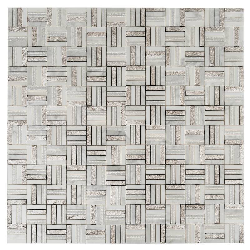 Artisana 12x12 in. Silver White Textured, Foiled Stone Block Basketweave Mosaic Wall and Floor Tile (4.83 sq ft/case, 5-Pack)