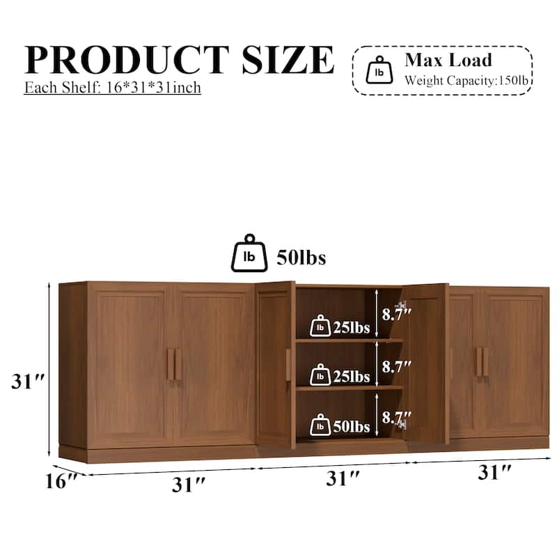 3-Set Wooden Door Sideboard Buffet Storage Cabinets with Adjustable Shelves - 93"Lx31"H