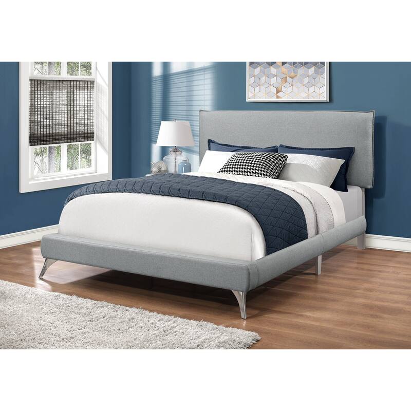Grey Linen Upholstered Queen Platform Bed Frame with Chrome Metal Legs for Modern Bedroom Makeover