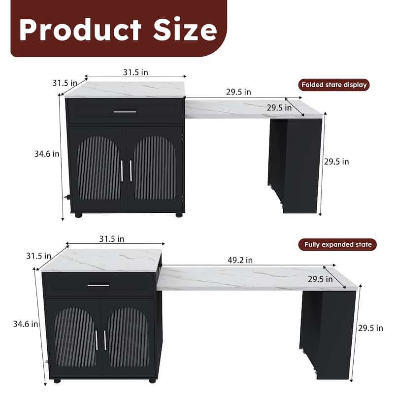 80" Expandable Kitchen Island with Dining Table with Marble-Grain Countertop with Power Outlet