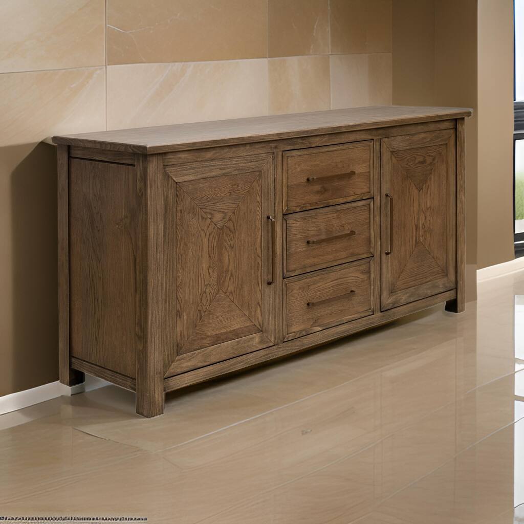 Loe 69 Inch Sideboard Buffet Cabinet, 2 Doors, Brown Solid Poplar Wood