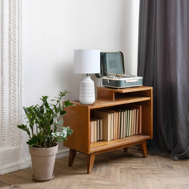 Tribal Hand Painted Ceramic Table Lamp with White Drum Shade - 17" - Cream