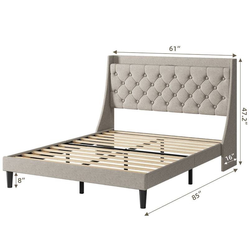 Upholstered Bed Frame with Charging Ports & Storage Shelf