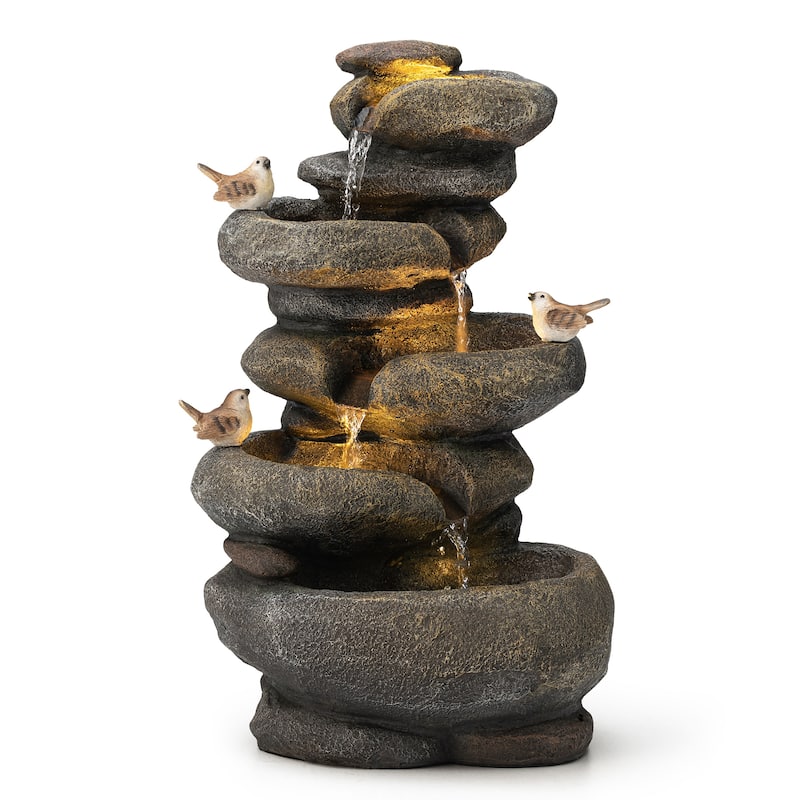 Glitzhome 21"H Zen-Style Faux Stone Birdbath Outdoor Fountain with Birds & LED Light - Brown - 23"H