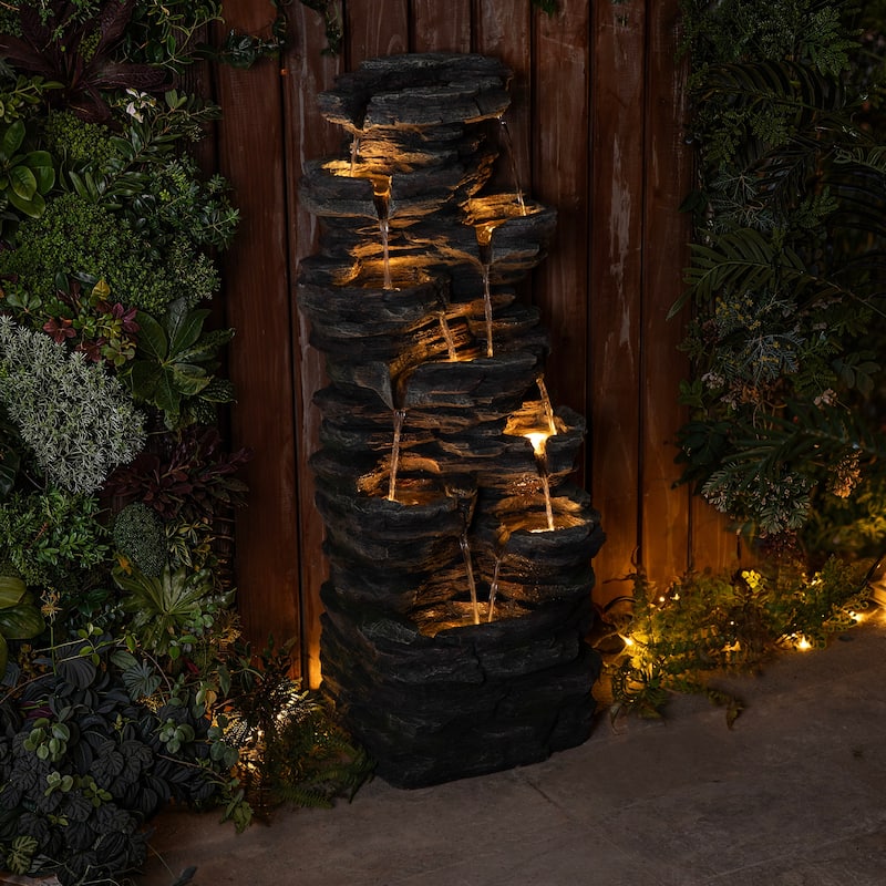 Glitzhome 39.25"H 9-Tiered Cascading Rock Polyresin Outdoor Fountain with Pump and LED Light