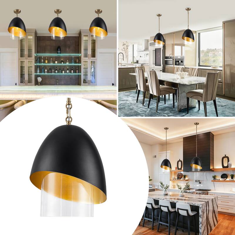 Brushed Gold & Black Egg-Shaped Pendant Light with Clear Glass Shade - Dia.11.81-in