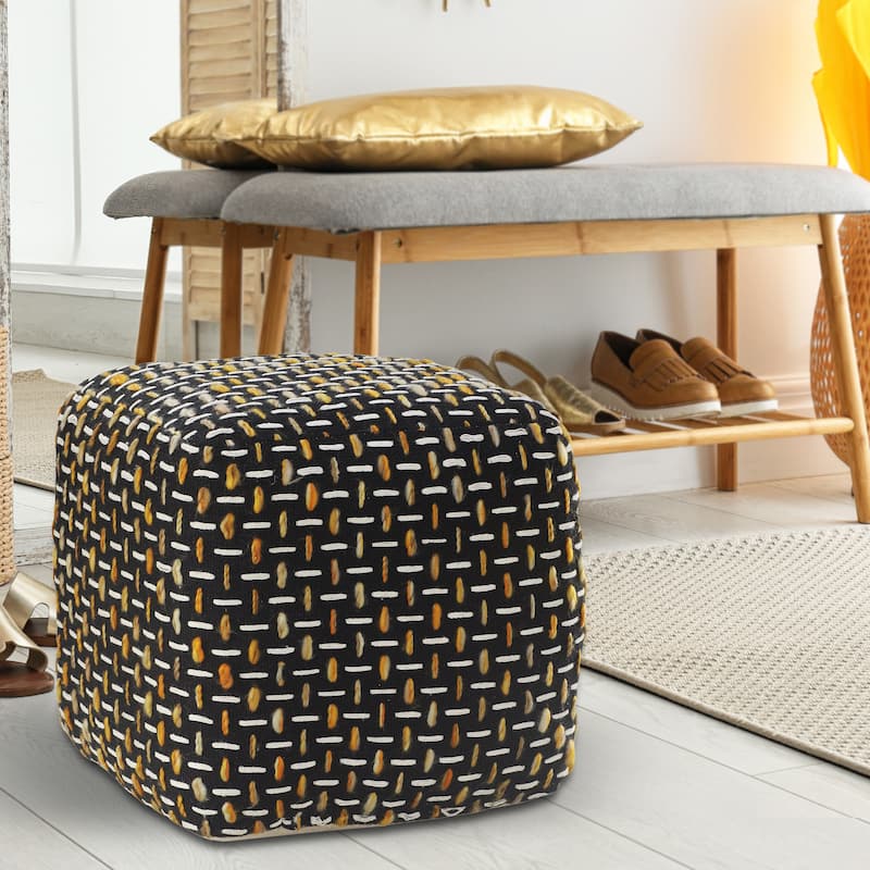 Sevita Modern Interwoven Geometric Pouf - Black/Gold/White