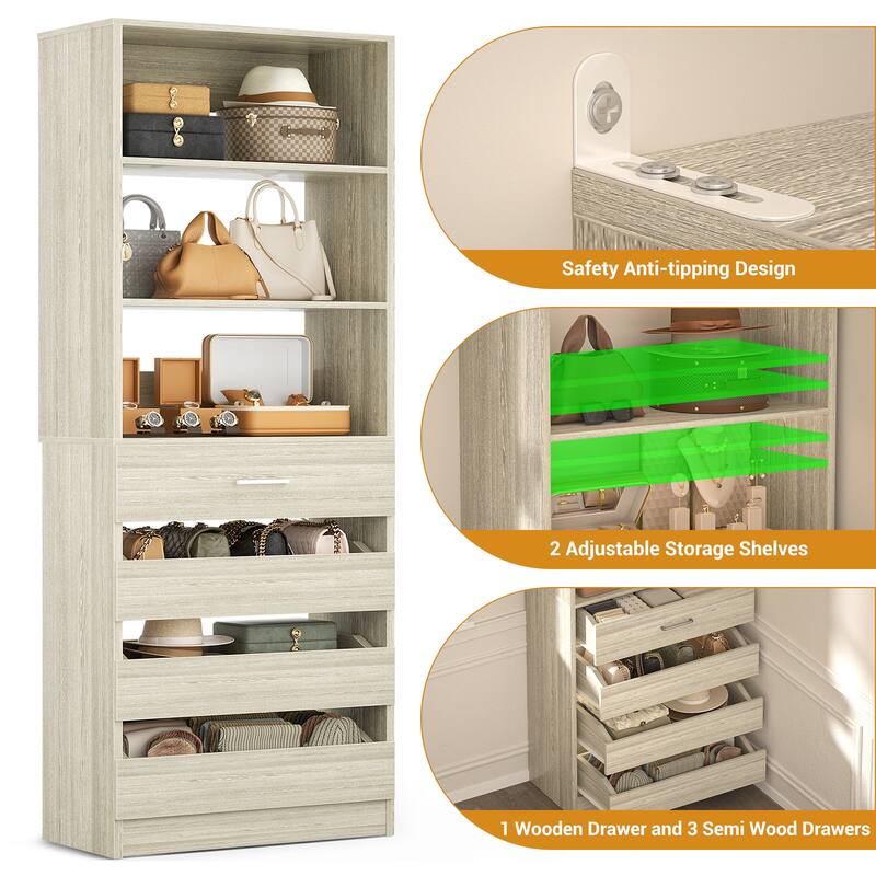 21.3" Storage Cabinet Bookshelf with Charging Station and 3 Wood Drawers, Freestanding Closet System with Storage Shelves