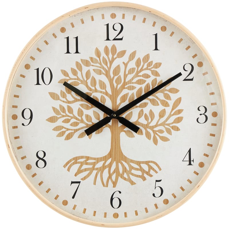 Wooden Tree Wall Clock with Cream Backing - Brown - Roche River Decor - 2"W x 24"L x 24"H