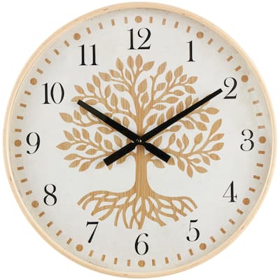 Wooden Tree Wall Clock with Cream Backing - Brown - Roche River Decor - 2"W x 24"L x 24"H