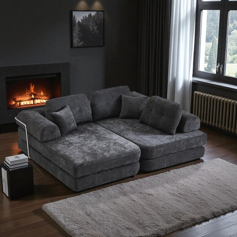 104" Modular Boneless Sectional Sofa, Deep Seat Compressed Chenille Couch with Chaise and Memory Foam, No Assembly Required